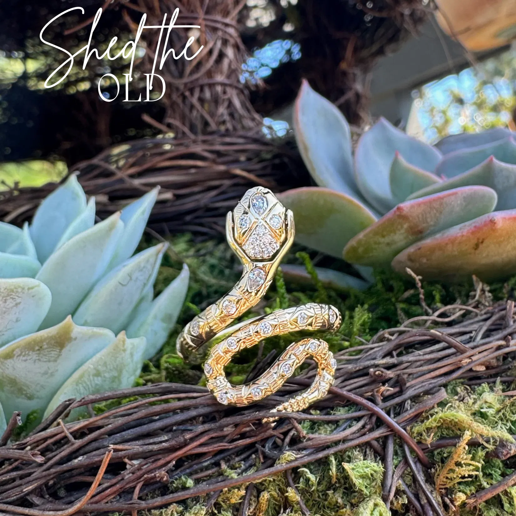 Image of Gold Snake Ring with Diamonds and Emerald | Three Stories Jewelry
